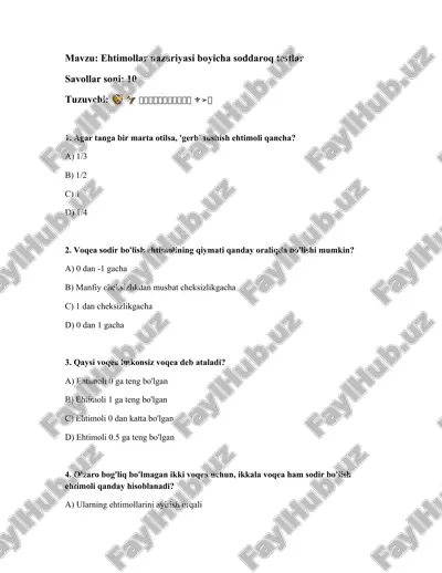 ehtimollar nazariyasi boyicha soddaroq testlar — DOCX