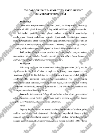 xalqaro mehnat tashkiloti va uning mehnat sohasidagi tutgan oʻrni — DOCX