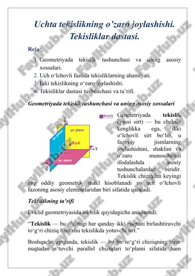 geometriyada tekislik tushunchasi va uning asosiy xossalari — DOCX