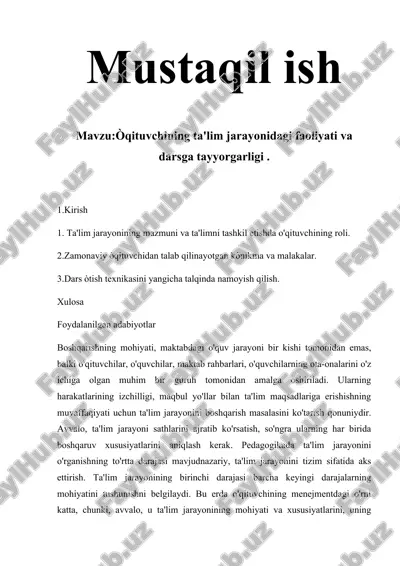øqituvchining ta'lim jarayonidagi faoliyati va darsga tayyorgarligi — DOCX