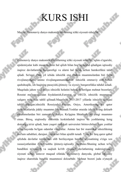 zamonaviy dunyo makonida davlatning ichki siyosati-ishsizlik — DOCX