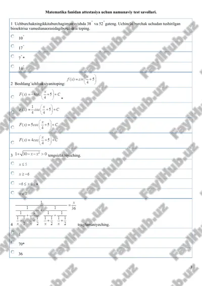 matematika fanidan attestasiya uchun namunaviy test savollari — DOCX