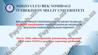 biotexnologiya yo‘nalishi mikroorganizmlar molekulyar biologiyasi fanidan tayyorlagan taqdimoti. ngs qurilmalar, vektorlar. — PPTX
