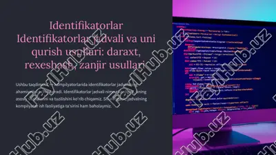 identifikatorlar identifikatorlar jadvali va uni qurish usullari: daraxt, rexeshash, zanjir usullari — PPTX