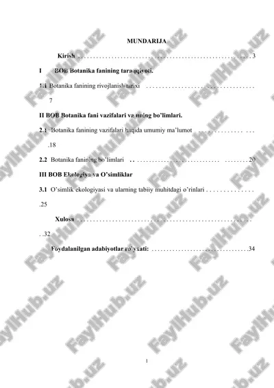 botanika fanining vazifalari va uning bo’limlari — DOCX