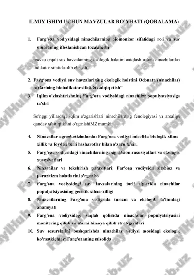 farg'ona vodiysidagi ninachilarning biomonitor sifatidagi roli va suv muhitining ifloslanishdan tozalanishi — DOC