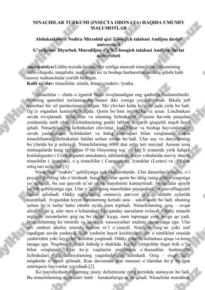 ninachilar turkumi (insecta odonata) haqida umumiy malumotlar — DOC