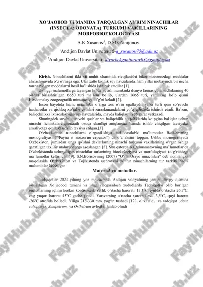 ninachilar (insecta: odonata) turkumi vakillarining morfobioekologiyasi — DOC