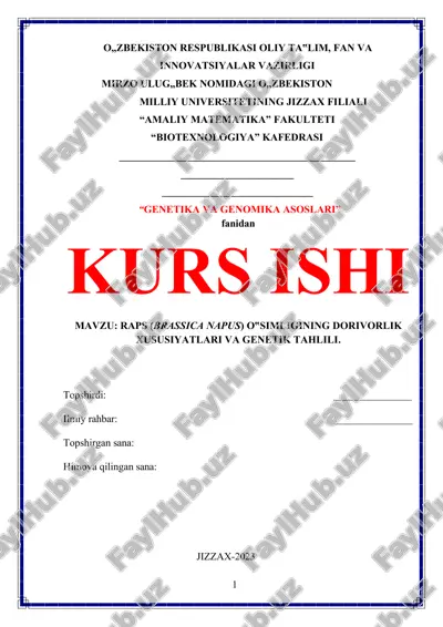 raps (brassica napus) o‟simligining dorivorlik xususiyatlari va genetik tahlili — DOCX