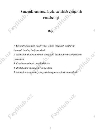 sanoatda tannarx, foyda va ishlab chiqarish rentabelligi — DOCX