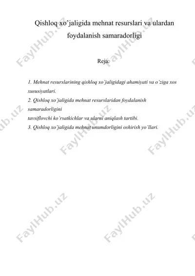 qishloq xo’jaligida mehnat resurslari va ulardan foydalanish samaradorligi — DOCX