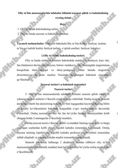 oliy ta'lim muassasalarida talabalar bilimini nazorat qilish va baholashning reyting tizimi — DOCX