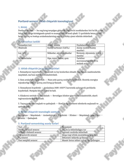 portland-sement ishlab chiqarish texnologiyasi — DOCX
