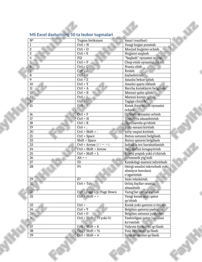 ms excel dasturining 50 ta tezkor tugmalari — DOCX