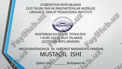 oʻzbekistonda axborot xavfsizligining maʼnaviy va huquqiy asoslari ularning huquqiy xujjatlardagi ifodasi. — PPTX