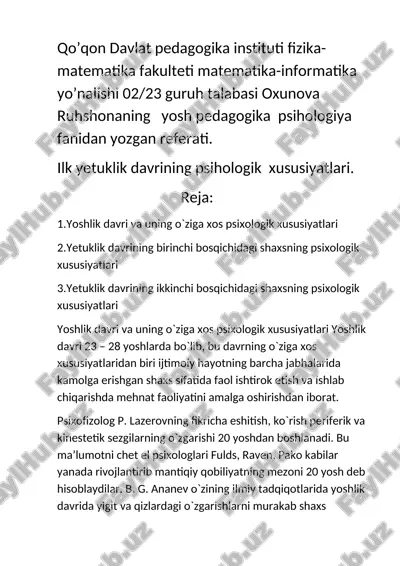 ilk yetuklik davrining psixologik hususiyatlari — DOCX