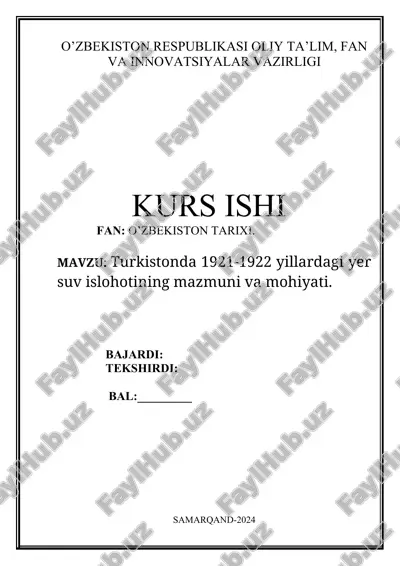 yer-suv islohotlari turkistonda 1921-1922 yillarda — DOCX
