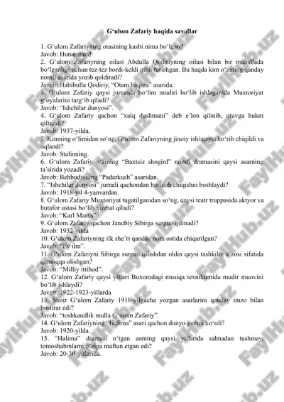 g'ulom zafariy test savollari 15 talik — DOCX