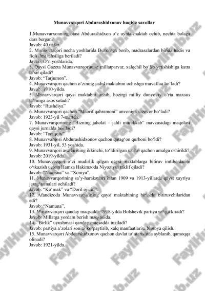 munavvar qori abdurashidxonov test 15 ta lik — DOCX