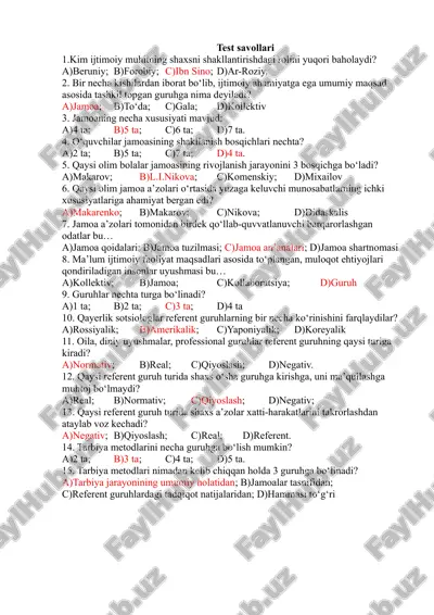 pedagogika test 15 talik. jamoa tarbiyaning obyekti va subyekti sifatida — DOCX