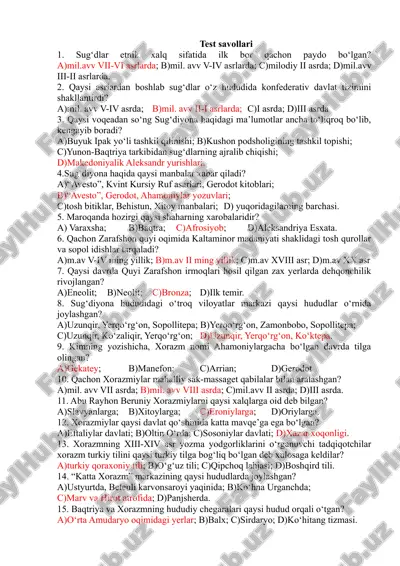 sug'diylar va xorazmiylar. test savollari(javoblari bilan) — DOCX