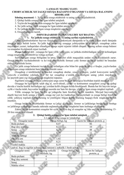 chorvachilik xo`jaligi ozuqa bazasini o`rganish va ozuqa balansini hisoblash — DOCX