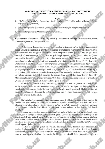 o‘zbekiston respublikasida ta’lim tizimini rivojlantirishning konseptual asoslari — DOCX