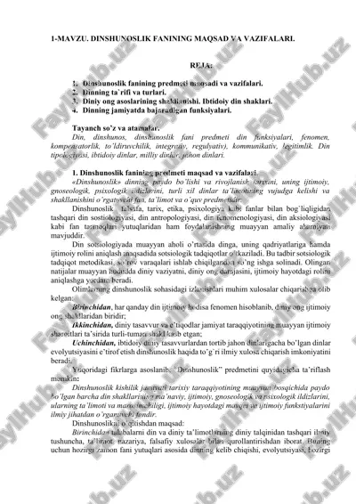 dinshunoslik fanining maqsad va vazifalari — DOCX