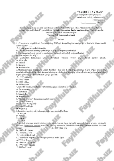 samarqand qishloq xo‘jalik kasb-hunar kolleji 2019-2020 o’quv yili test topshiriqlari — DOCX
