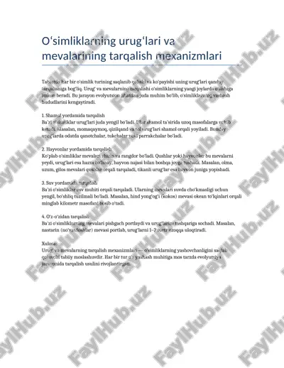urugʻ va mevalarning tarqalishi — DOCX