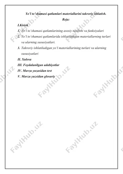 yo‘l to‘sahmalarini qatlamlari materiallarini takroriy ishlatish — DOCX