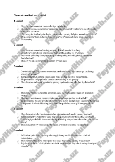 nazorat savollari variantlari — DOCX