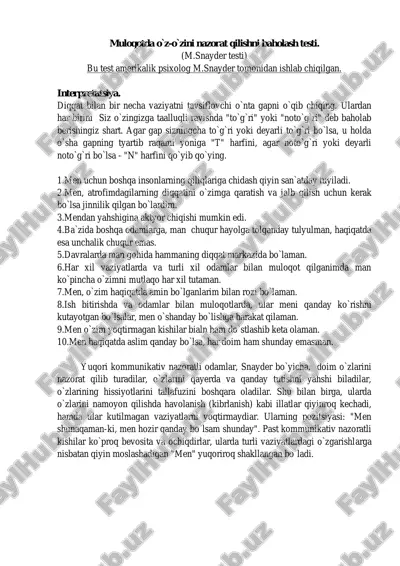 muloqotda o`z-o`zini nazorat qilishni baholash testi — PDF