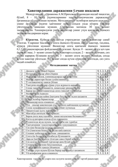 xavotirlanish darajasini o'lchash shkalasi — PDF
