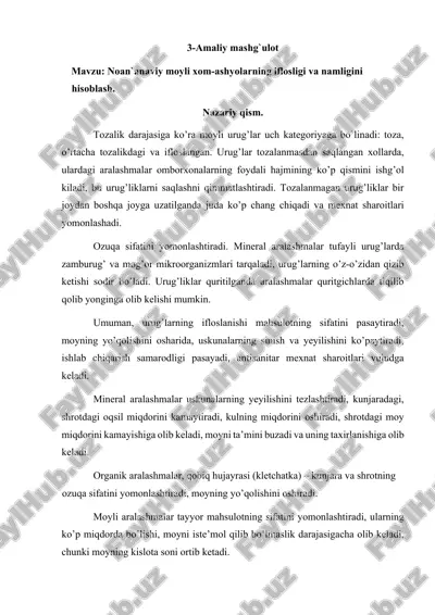 noan`anaviy moyli xom-ashyolarning iflosligi va namligini hisoblash — DOCX