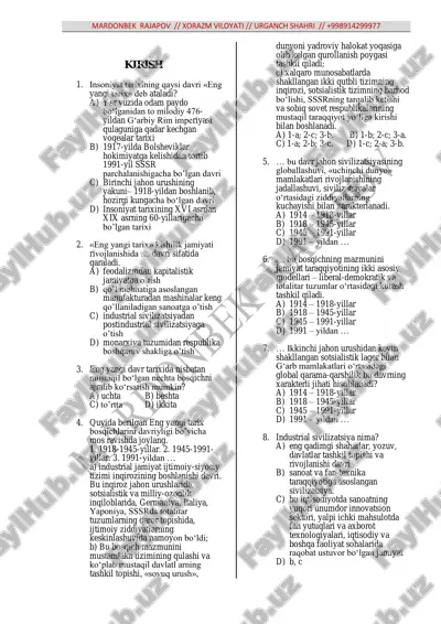 10 sinf jahon tarixi mavzulashtirilgan test — PDF