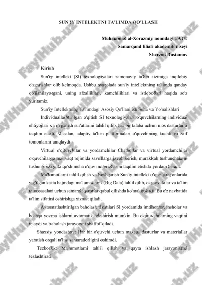 sun'iy intellektning ta'limdagi asosiy qo'llanilish soha va yo'nalishlari — DOCX
