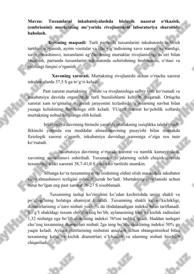 tuxumlarni inkubatsiyalash — DOCX