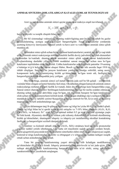 ammiak sintezida ishlatiladigan katalizatorlar texnologiyasi — DOCX
