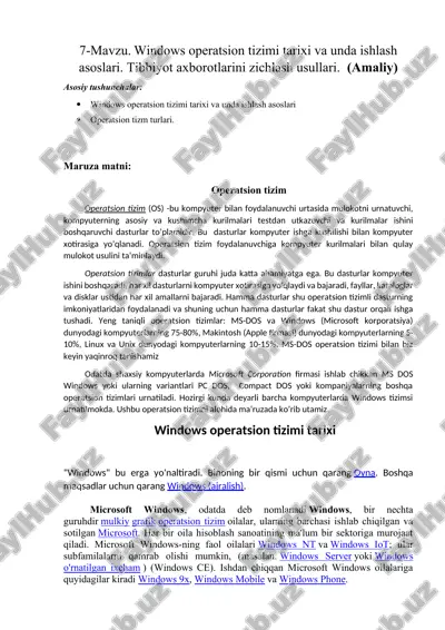 windows operatsion tizimi tarixi va unda ishlash asoslari — DOCX