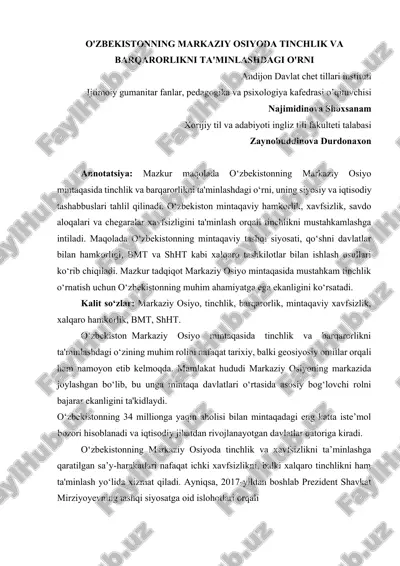 o'zbekiston markaziy osiyo mintaqasida tinchlik va barqarorlikni ta'minlashdagi o'rni — DOCX