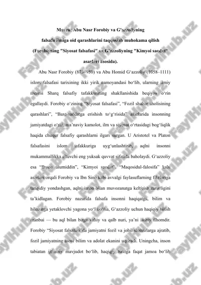 mavzu: abu nasr forobiy va g'azzoliyning falsafa ilmiga oid qarashlarini taqqoslab muhokama qilish ( — DOCX