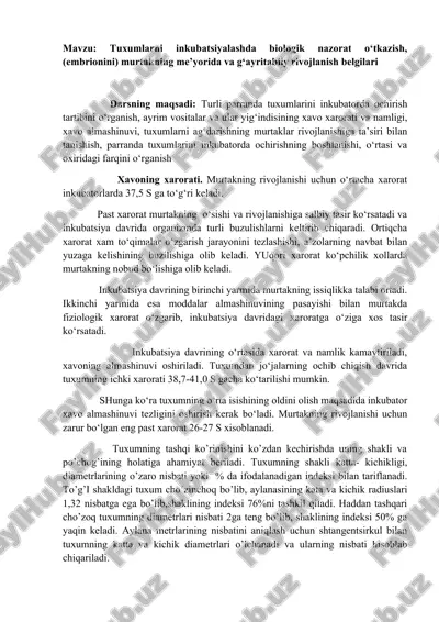 tuxumlarni inkubatsiyalash — DOCX