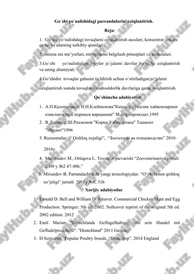 go‘sht yo‘nalishidagi broyler jo`jalarni davrlar bo‘yicha oziqlantirish va uning ahamiyati — DOCX