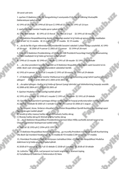 o'zbekiston tarixi test savollari — DOCX