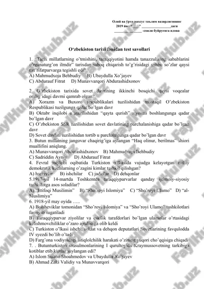 o‘zbekiston tarixi fanidan test savollari — DOCX