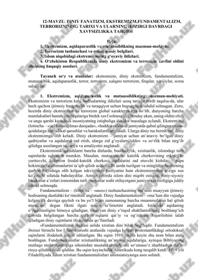 diniy fanatizm, ekstremizm,fundamentalizm, terrorizmning tarixi va ularning hozirgi davrdagi xavfsizlikka tahdidi — DOCX