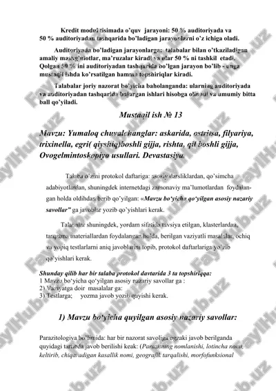 yumaloq chuvalchanglar: askarida, ostritsa, filyariya, trixinella, egri( qiyshiq)boshli gijja — DOCX