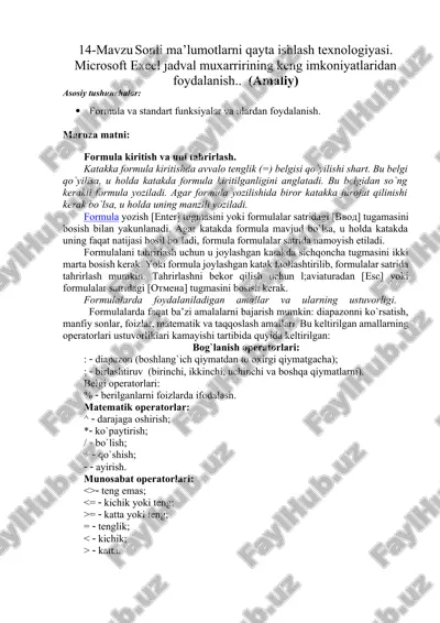 14-mavzu sonli ma’lumotlarni qayta ishlash texnologiyasi — DOCX