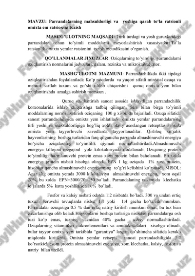 to’yimli moddalar va omixta yemlar ratsionini tuzish — DOCX